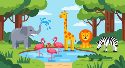 Flat cute kids vector safari scene with giraffe, elephant, lion, hippo, zebra, and flamingos around a watering hole. Ideal for nursery decor and early learning materials 