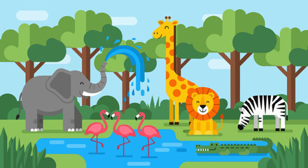 Flat cute kids vector safari scene with giraffe, elephant, lion, hippo, zebra, and flamingos around a watering hole. Ideal for nursery decor and early learning materials 