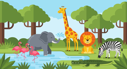 Flat cute kids vector safari scene with giraffe, elephant, lion, hippo, zebra, and flamingos around a watering hole. Ideal for nursery decor and early learning materials 