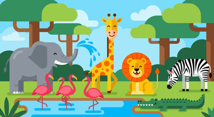Obraz premium Flat cute kids vector safari scene with giraffe, elephant, lion, hippo, zebra, and flamingos around a watering hole. Ideal for nursery decor and early learning materials 