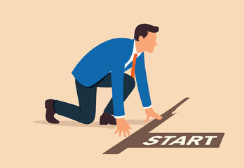 Obraz premium Ready to start business, begin new job or preparation for work, focus and willingness concept, confidence motivated businessman be prepared at start race line and ready to win the competition.
