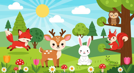 Obraz premium Flat cute kids vector meadow scene with deer, fox, rabbit, squirrel, owl, and hedgehog surrounded by flowers. Great for nursery decor, preschool content, and children design