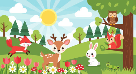Fototapeta premium Flat cute kids vector meadow scene with deer, fox, rabbit, squirrel, owl, and hedgehog surrounded by flowers. Great for nursery decor, preschool content, and children design