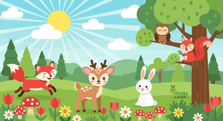 Flat cute kids vector meadow scene with deer, fox, rabbit, squirrel, owl, and hedgehog surrounded by flowers. Great for nursery decor, preschool content, and children design