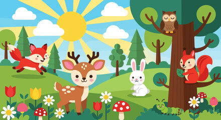 Obraz premium Flat cute kids vector meadow scene with deer, fox, rabbit, squirrel, owl, and hedgehog surrounded by flowers. Great for nursery decor, preschool content, and children design