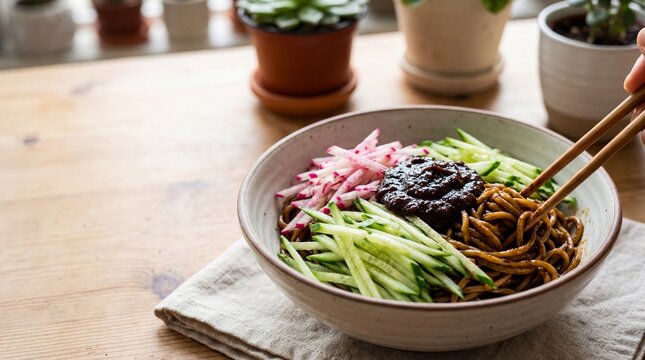 Zha Jiang Mian: Beijing fried sauce noodles (Zha Jiang Mian) with dark soybean paste, julienned cucumber, and radish, chopsticks mixing the noodles, lifestyle photography, copy space for text.