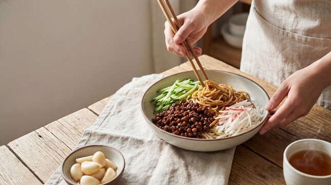 Zha Jiang Mian: Beijing fried sauce noodles (Zha Jiang Mian) with dark soybean paste, julienned cucumber, and radish, chopsticks mixing the noodles, lifestyle photography, copy space for text.