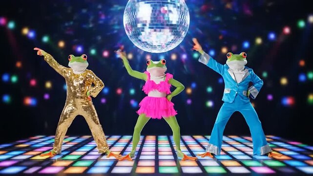Three Frogs Dancing Under Disco Ball on Colorful Dance Floor.