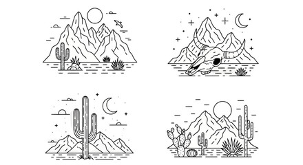 Obraz premium Minimal desert landscape vector set with cacti, mountains, sun, moon, and animal skulls in a line art style. Perfect for t-shirt prints, posters, outdoor-themed branding, and retro designs