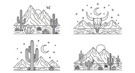 Obraz premium Minimal desert landscape vector set with cacti, mountains, sun, moon, and animal skulls in a line art style. Perfect for t-shirt prints, posters, outdoor-themed branding, and retro designs