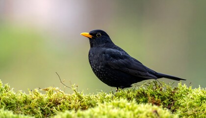 Obraz premium A male blackbird perched upon vibrant green moss against a blurred, natural backdrop