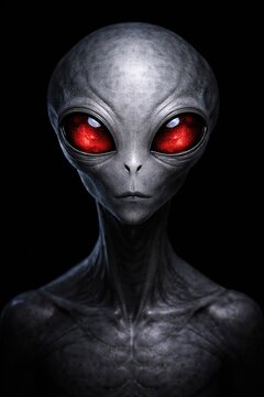 Futuristic portrait of an alien with gray skin and glowing red eyes against a dark background. High-resolution science fiction image with side space for text or design.