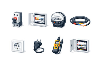 Utility reconnection electrical services isometric flat style: circuit breaker, fuse box, electric meter, power cable, wall outlet, plug connector, voltage