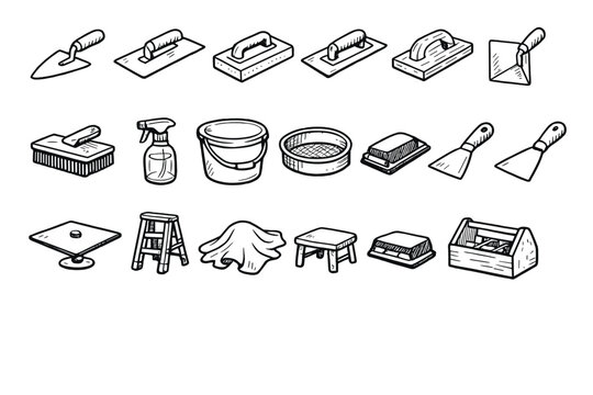 Natural building finishing and plastering tools in doodle style: plaster trowel, finishing trowel, sponge float, steel float, wooden float, corner trowel, brush