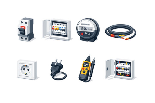 Utility reconnection electrical services isometric flat style: circuit breaker, fuse box, electric meter, power cable, wall outlet, plug connector, voltage