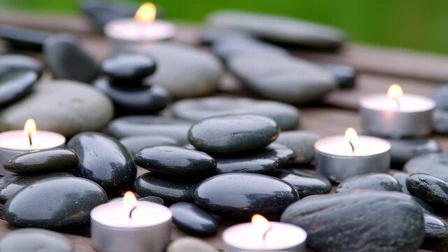 A serene arrangement of lit candles surrounded by smooth black stones on a wooden surface in a tranquil outdoor setting