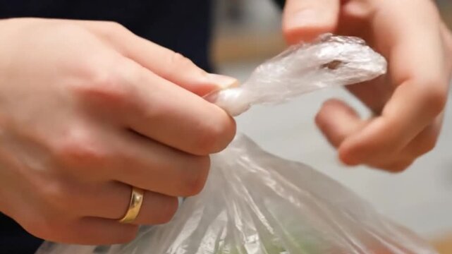 Hand Tying Plastic Grocery Bag in Everyday Life