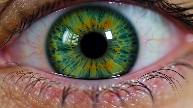 A close-up shot of a human eye with a green iris reflecting starfish patterns at a macro level in a detailed photography style