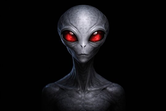Futuristic portrait of an alien with gray skin and glowing red eyes against a dark background. High-resolution science fiction image with side space for text or design.
