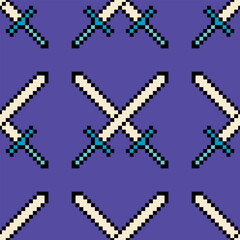 Seamless pattern with crossed swords retro 8 bit pixel art style.