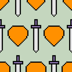 Seamless pattern with swords and shields in retro 8 bit pixel art style