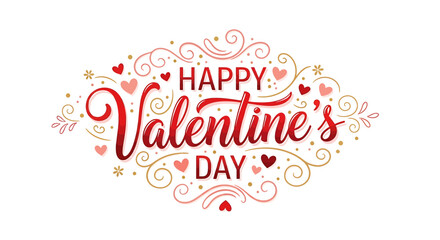 Celebrate love and affection with a festive Happy Valentine's Day graphic featuring hearts, swirls, and sparkling accents