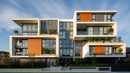 Fototapeta premium Contemporary Apartment Building with Modern Design and Landscaping