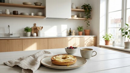Obraz premium Cozy kitchen setting with natural light, homemade apple pie and coffee on a rustic table, warm and inviting atmosphere for a breakfast scene, elements of home comfort and relaxation