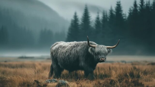 Highland cattle in field near forest daylight animal nature outdoor