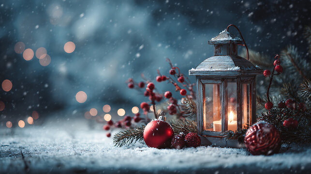 Cozy Winter Lantern with Snow, Berries, and Ornaments at Night