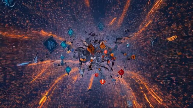 Abstract celestial art with fiery tones, geometric shapes and scattered objects