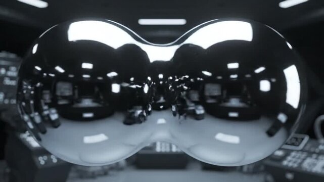 Abstract Silver Spheres Merging in Futuristic Control Room