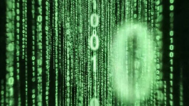 Green digital binary code stream, cybernetic data flow