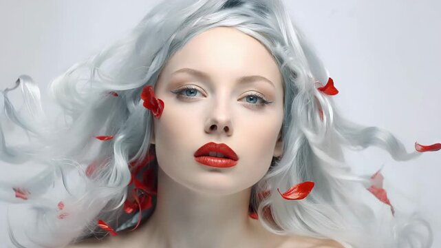 A model with long silver hair poses in a studio with red petals falling around her. She shows different expressions and styles while the petals float in the air.