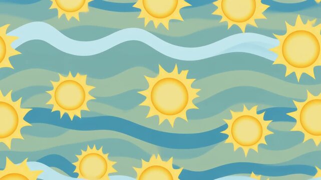 Cute summer pattern video with sun and wave motif, soft yellow and blue palette, slow playfull