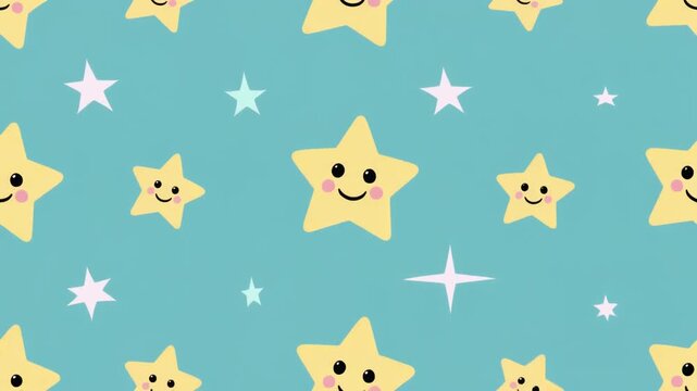 Cute looping pattern video with smiling star and sparkle motif, pastel blue background