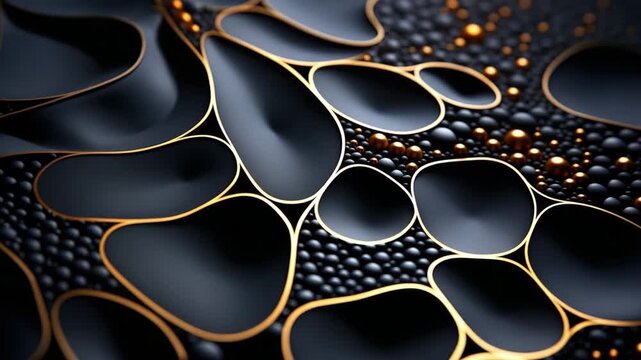Shapes and patterns appear in black and gold colors. Droplets of liquid rest on the surface. The textures change as the focus shifts across four frames.