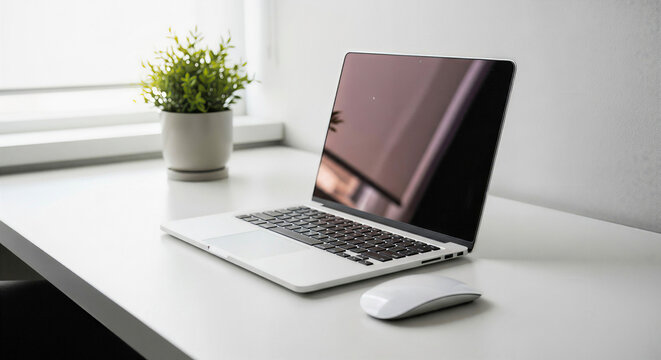 Modern laptop and wireless mouse on a clean white desk with a small potted plant