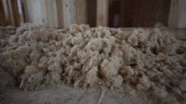 Interior close ups show piles of fibrous insulation on subfloor between vertical timber studs. Shallow depth of field, muted warm tones, slight camera movement.
