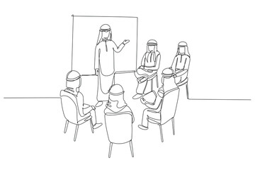 Obraz premium Continuous one line drawing Saudi businessman giving a presentation in semi-circle setting. Learning or training session in Middle Eastern office. Single line draw design vector graphic illustration