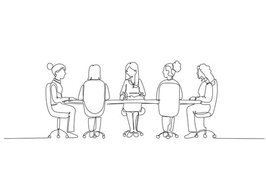 Continuous one line drawing five professional women sitting at long table for meeting. Female colleagues and leader in focused boardroom discussion. Single line draw design vector graphic illustration