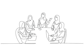 Single continuous line drawing professional Arab women in hijabs attending a business meeting, showing diverse female coworkers collaborating at table. One line draw graphic design vector illustration