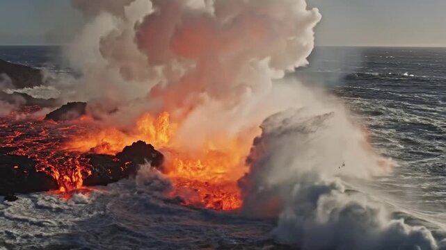 Fiery Lava Flows Into Ocean, Steam Erupts, Volcanic Activity, Coastal Impact