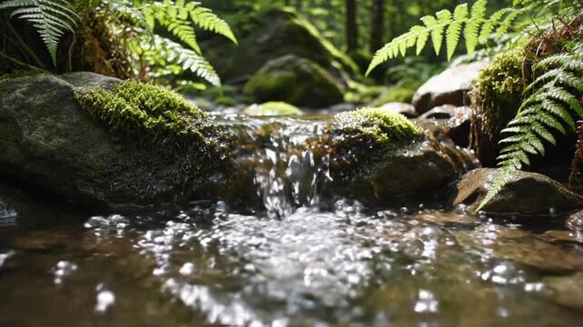 Mossy Forest Stream Babbling Over Stones, Lush Ferns, Sunlight Through Trees