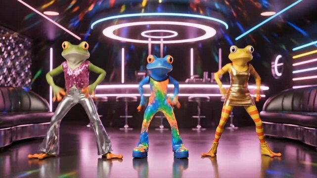 Three frogs having fun dance together at a lively party in a modern nightclub setting viewed from the front