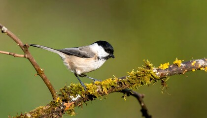 Obraz premium A small bird perches on a mossy branch with blurry green backdrop, gazing downward on a sunny day