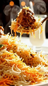 Close Up of Indian Spoon Scooping Steaming Mutton Biryani representing Royal Feast and Authentic Cuisine