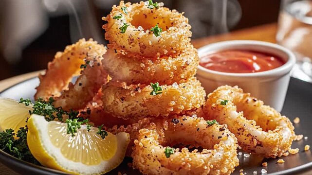 Golden crispy calamari rings are stacked on a plate garnished with parsley and lemon wedges alongside a dipping sauce