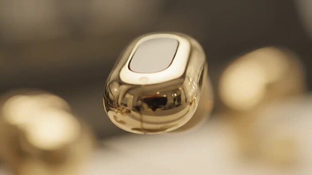 Close-up of a single shiny gold-colored object with a flat top, in focus in the foreground, against a blurred background of similar objects with a warm color palette.