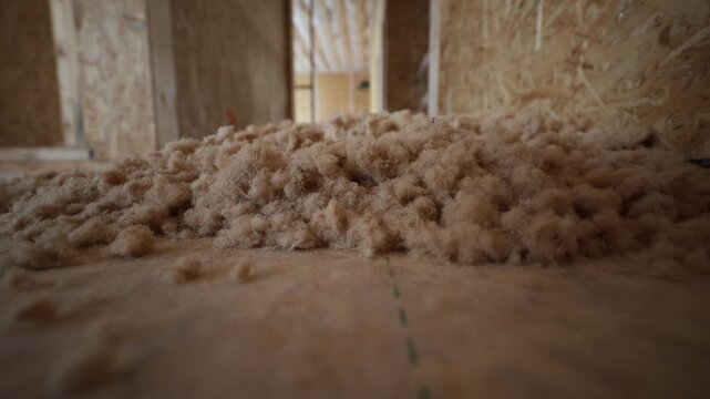 Low angle close up shows fibrous wood fibre loose fill insulation on OSB with printed dashed guideline and timber studs, soft light, shallow depth, ongoing install.